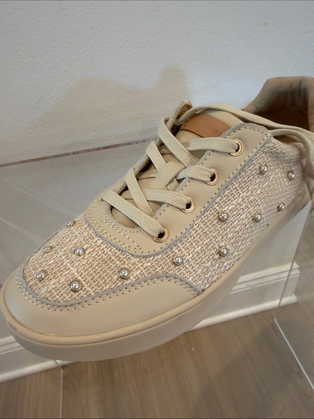REVITALIGN Cream Pearl-Embellished Lace-Up Sneakers